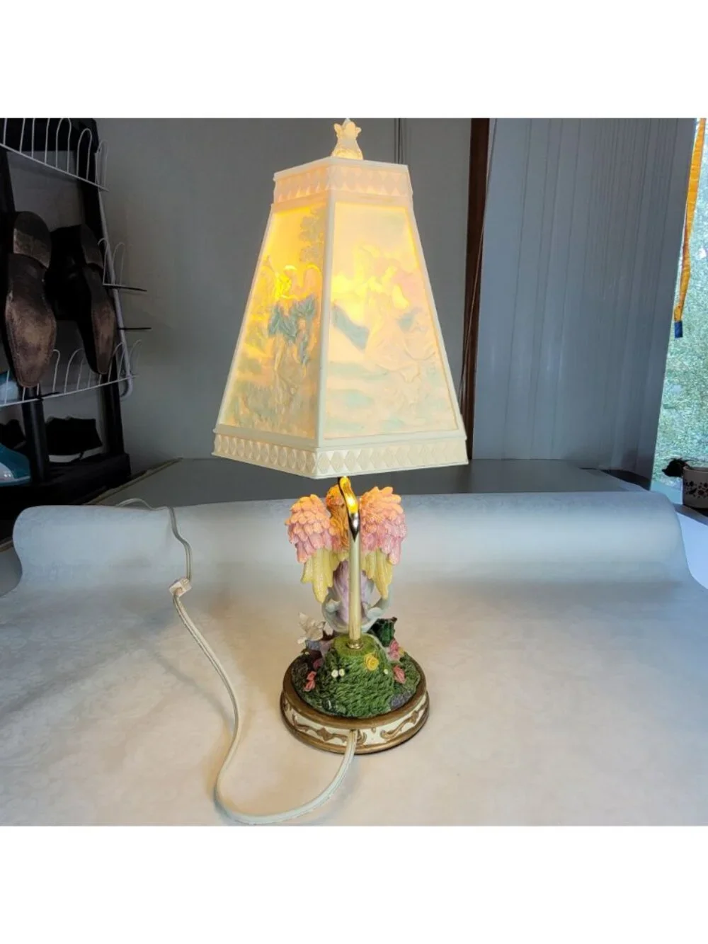 Vintage Indian Lamp Angel Flowers and Dove Lithophone Resin Plastic